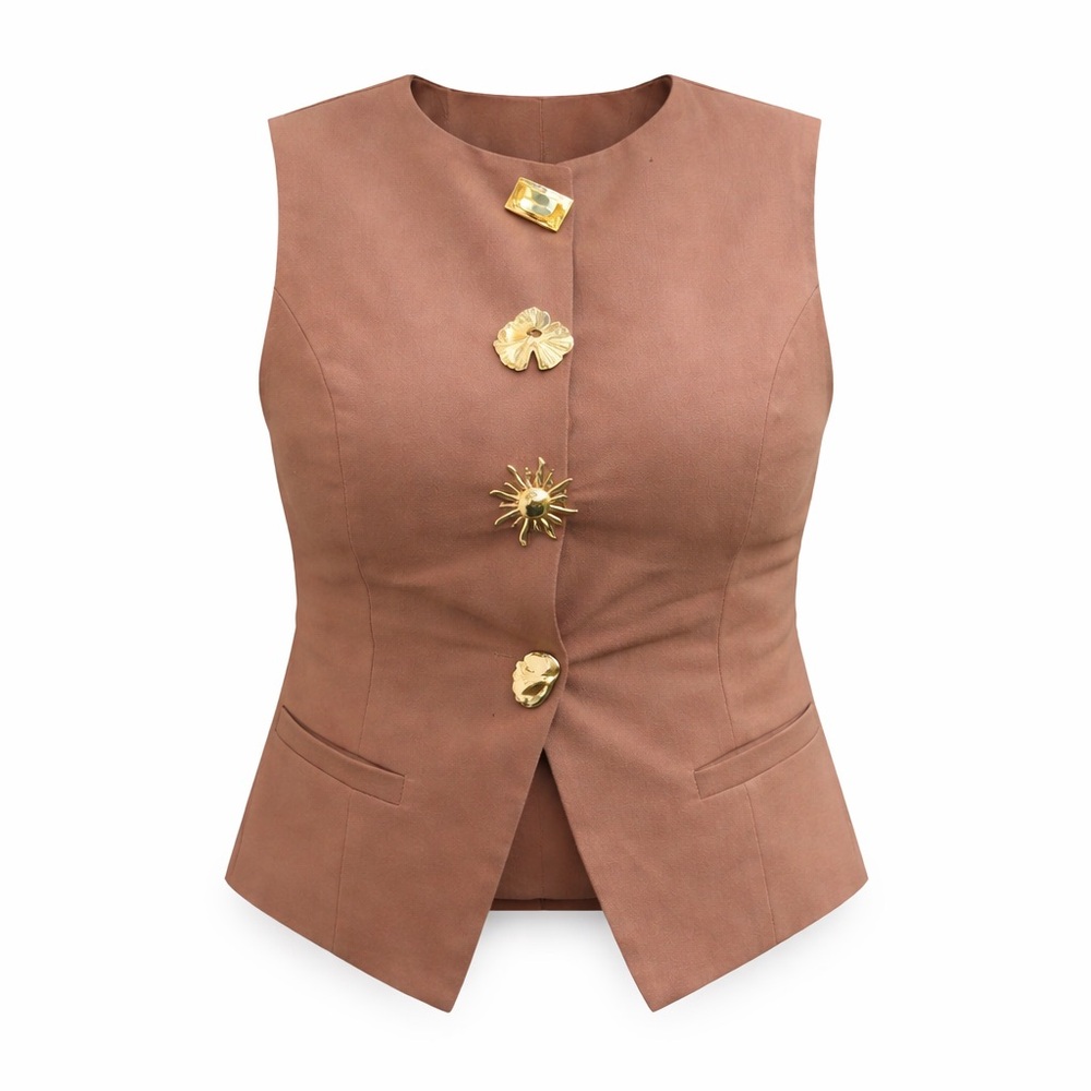 Sleeveless Tailored Blazer Vest Waistcoat Gold Statement Buttons